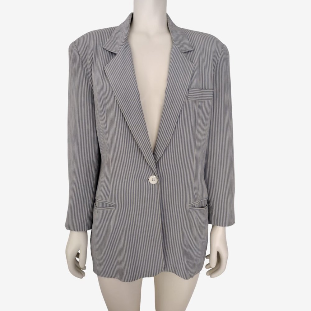 Vintage 90s Ann Taylor Blue Gray Striped Oversized Single Button Blazer